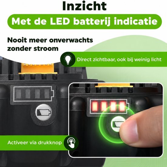 Detail van de batterij-indicator met LED-lampjes, activeerbaar via drukknop.