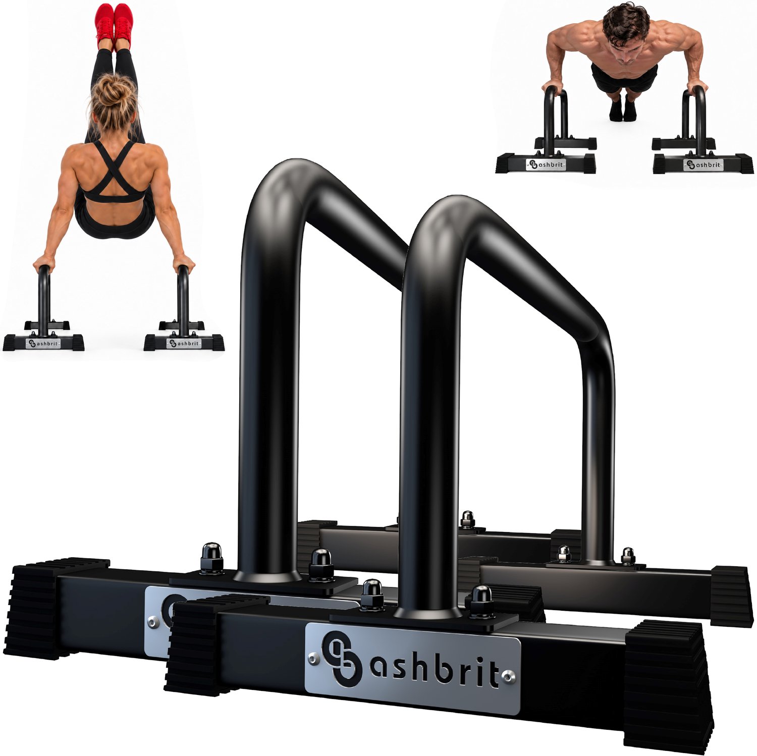 Ashbrit® Metalen Parallettes - Opdruksteunen - Crossfit & Calisthenics - Dipstation & Push ups - Antislip steunvoetjes - Krachttraining – 30 CM Hoog – Zwart