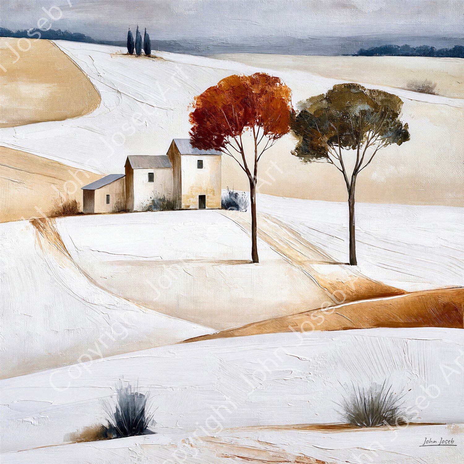John Joseb Art (Canvas) 100x100 | Landschap, Spanje, Italie, abstract, japandi, sereen, rustig, kunst, bomen, huizen, vierkant, bruin, beige, wit, modern | Foto-Schilderij canvas print (wanddecoratie) Canvas, dikte 2 cm