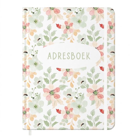 A5 adresboek met witte achtergrond en zacht roze, groene en oranje bloemenprint en tekst 'ADRESBOEK'.