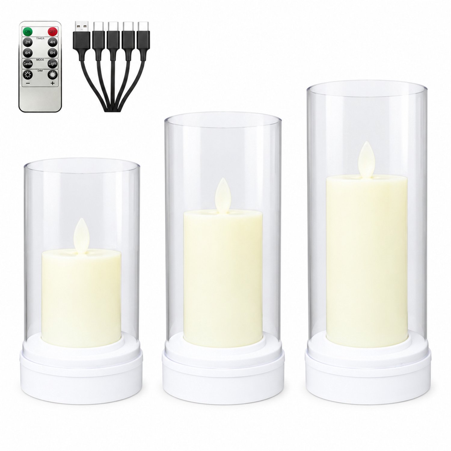 led kaarsen - 1 stuk, 8 x 17,5 cm, warmgeel licht, bewegende vlam, afstandsbedienbare uitvoering, transparante kap en ronde voet