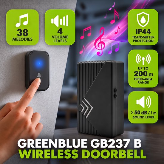 GreenBlue draadloze deurbel, 38 melodieën, 90 dB, zwart, bereik tot 200 m, GB237 B — afbeelding 5