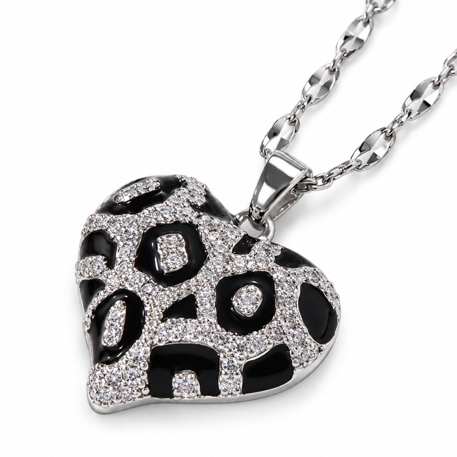 Engravia by Derya – Luipaard Hart Ketting Zilver – Dames Ketting 45 cm – Stainless Steel – Hart Hanger met Zirkonia Steentjes – Panterprint Sieraad – Cadeau voor Haar