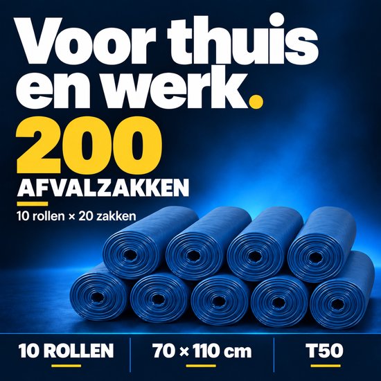 Voorraad van 10 rollen (200 stuks) blauwe T50 afvalzakken, 70x110 cm, voor thuis en op werk.