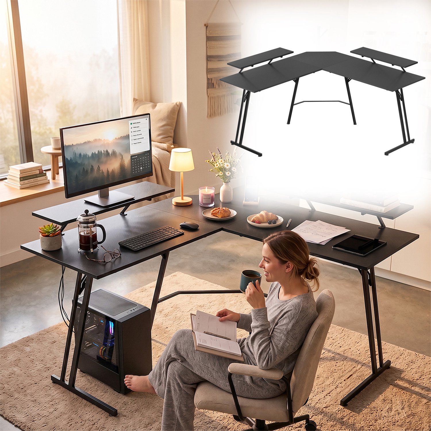 Aufun gamingbureau – 140 cm – hoekbureau – pc-bureau – voor thuis en kantoor – zwart