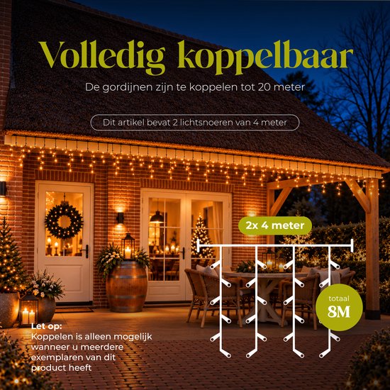 Warmwitte ijspegelverlichting aan een bakstenen huis. Tekst: Volledig koppelbaar tot 20 meter, 2x 4 meter, totaal 8 meter.