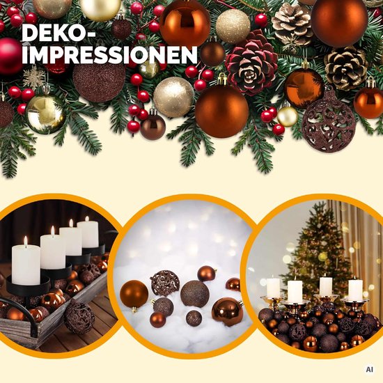 Decoratie-impressies met koperkleurige kerstballen, kaarsen en dennentakken. Tekst: Deko-Impressionen.