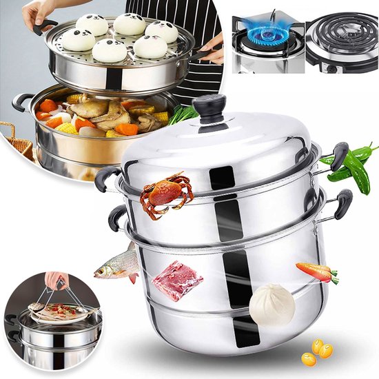28 cm 3-Laags Stoompan Met Koepeldeksel En Stoomgeleidend Rek – Spiegelgepolijst RVS En Hittebestendige Handgrepen – Geschikt Voor Gasfornuis En Inductiekookplaat En Vaatwasmachinebestendig – Voor Dumplings, Vis En Groenten – Zilver