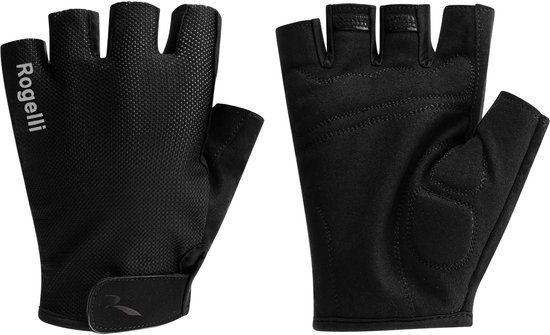 Zwarte Rogelli fietshandschoenen zonder vingers met padding en klittenbandsluiting.