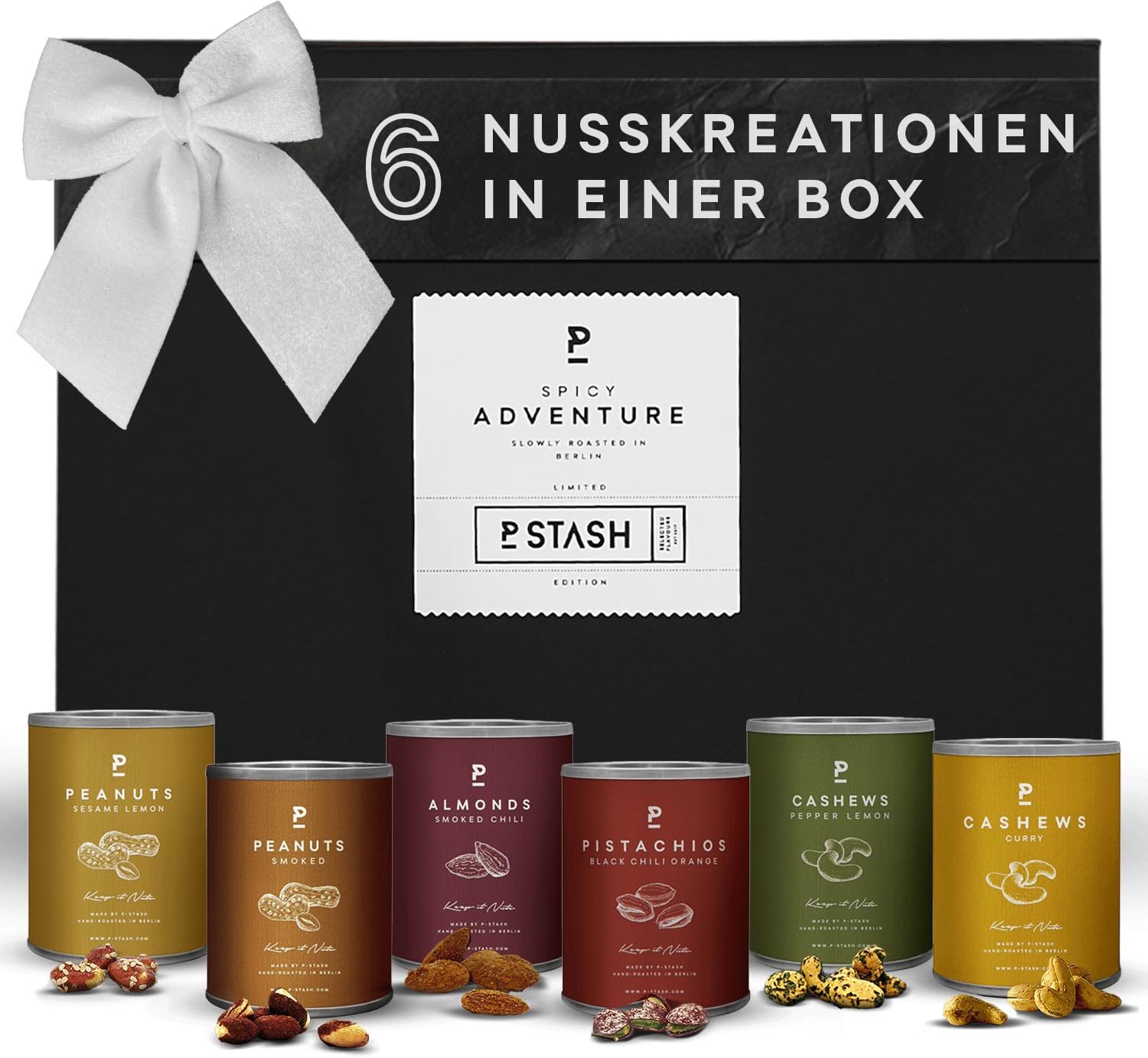 P-Stash Black Box Spicy Adventure – Luxe Noten Geschenkbox – 6-Delige Gourmet Notenmix – Cashewnoten, Amandelen, Pistachenoten & Pinda's – Gekruid en Handgeroosterd – Cadeauset