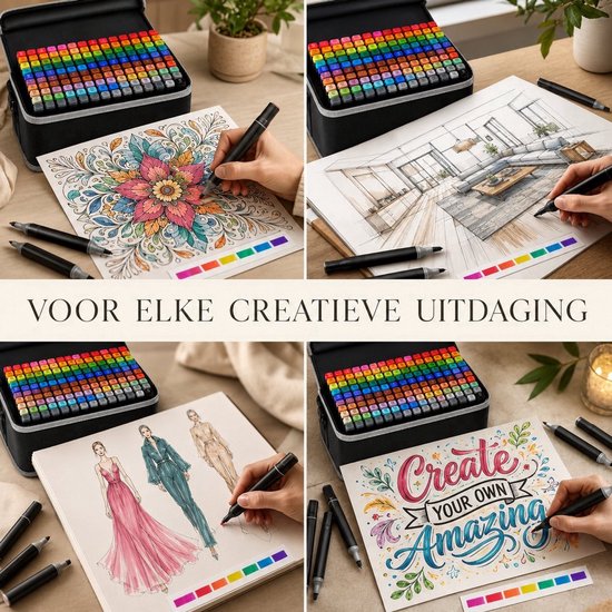 Vier afbeeldingen tonen de markers in gebruik voor mandala's, interieurontwerp, mode en kalligrafie. Tekst: Voor elke creatieve uitdaging.