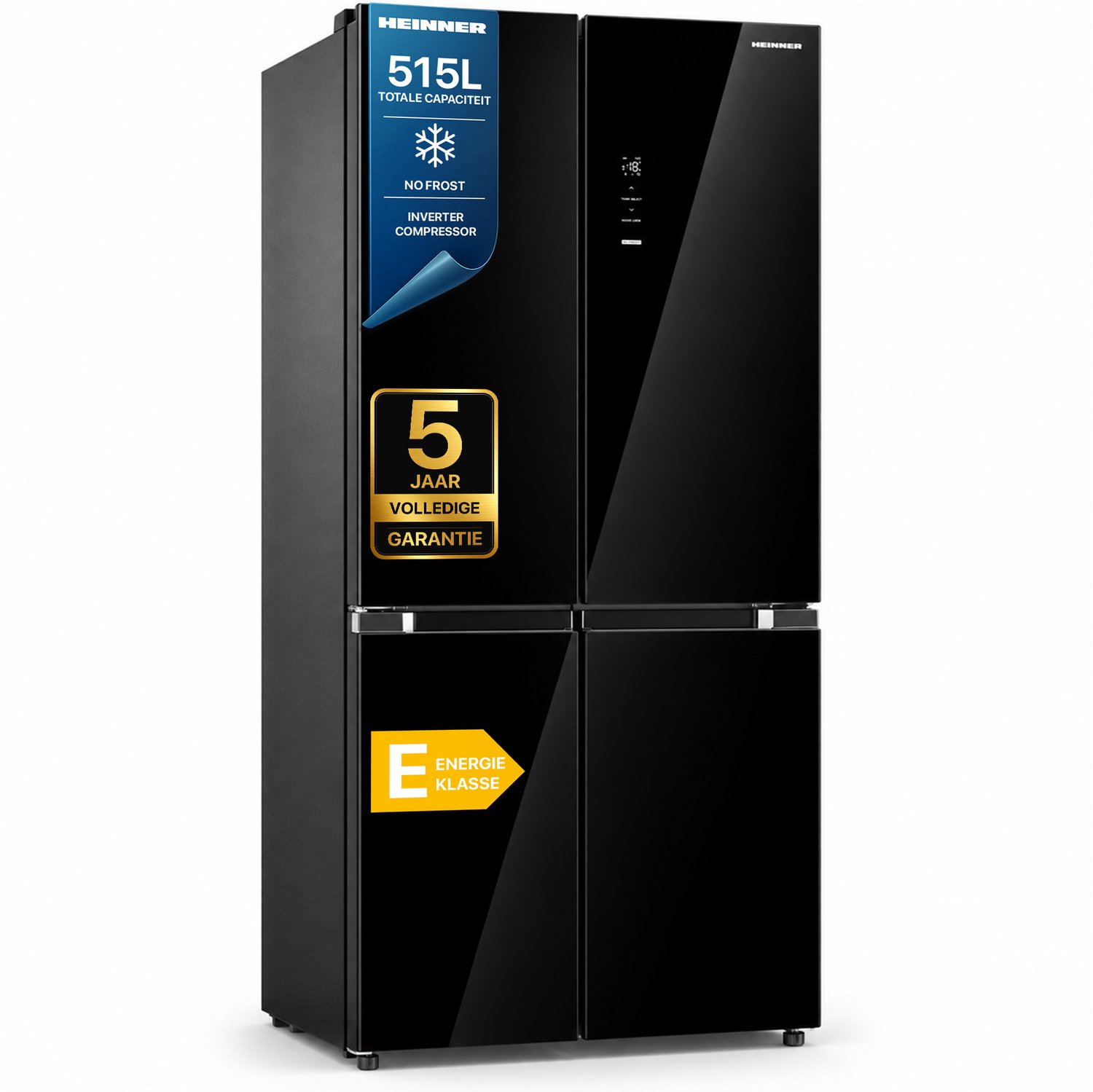 Heinner HSBS-M515MDINVHGBKE++ American Side-by-Side Koelkast 515 L – No Frost – Inverter – Super Freezing – InoxCool-technologie – Zwart Glas – 5 Jaar Garantie