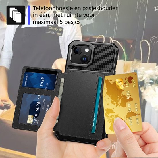 Zwarte telefoonhoes als portemonnee voor maximaal 5 pasjes, getoond in een hand.