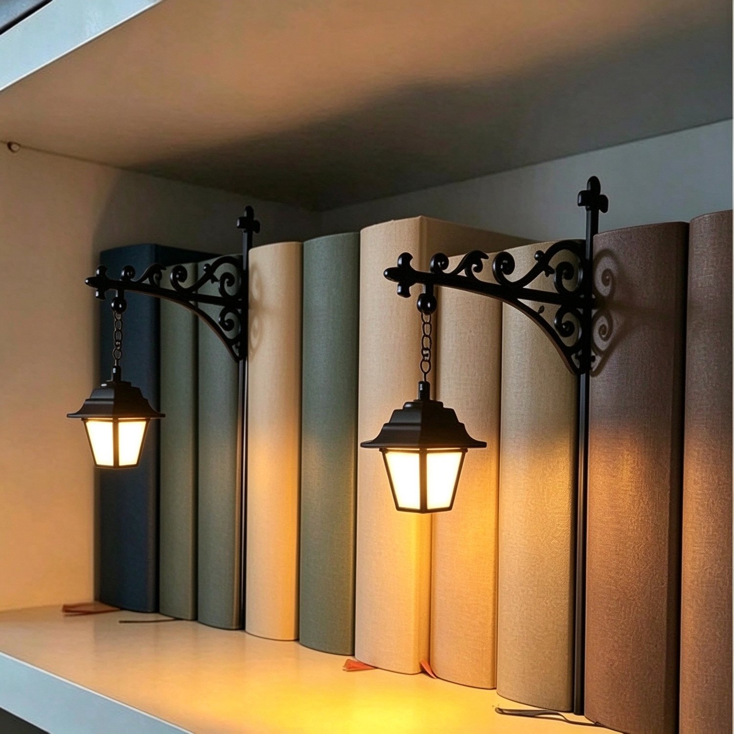 Lifhelpe Metalen boekensteun set - Set van 2 in zwart - Met mini bibliotheeklantaarn lamp - Decoratieve verlichting voor boekenplank en bureau