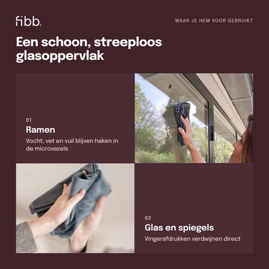 Instructieafbeelding over glas reinigen: ramen en spiegels streeploos schoonmaken met microvezeldoeken.