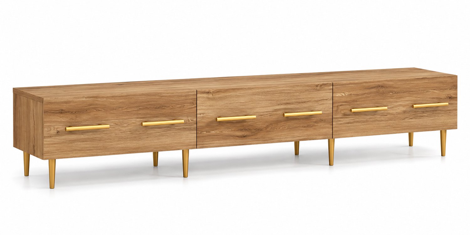 VILIMA - Tv meubel - Tv kast - 150 x 36 x 30 cm - Licht eiken hout - 3 lades - 8 poten - Landelijk design - Opbergruimte