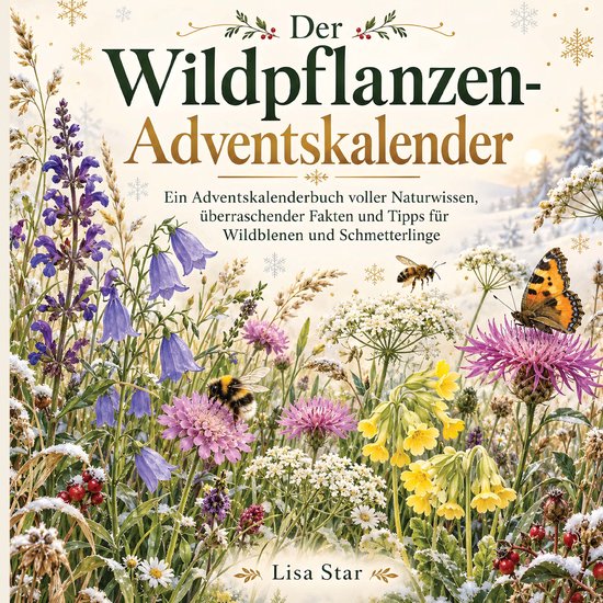 Boekomslag met wilde bloemen, vlinders en bijen in een winters landschap. Titel: Der Wildpflanzen-Adventskalender.