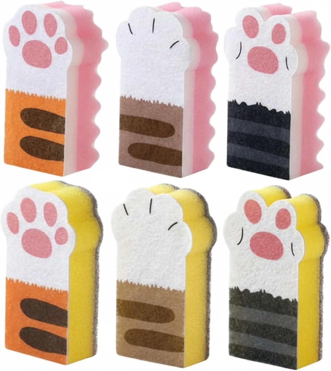 Schattige Dubbele Functie Kattensponzen 6-Pack - Niet-kras Keukenreiniging - Kleurrijk Pootontwerp voor Gerechten en Potten