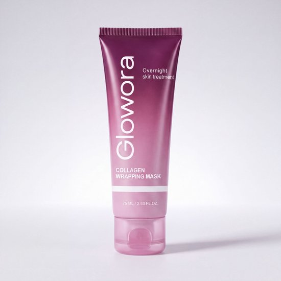 Staande Glowora Collageen Wrapping Masker tube in roze met witte details tegen een lichte achtergrond.