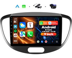 Boscer 2 Din Autoradio - Geschikt voor Hyundai i10 2008-2013 - Draadloos Apple CarPlay & Android Auto - 8-Core Snapdragon - 9 Inch HD Touchscreen - Android 15 - 4+64GB - Interne Koeling - GPS - WiFi, Bluetooth & USB - Achteruitrijcamera & Microfoon