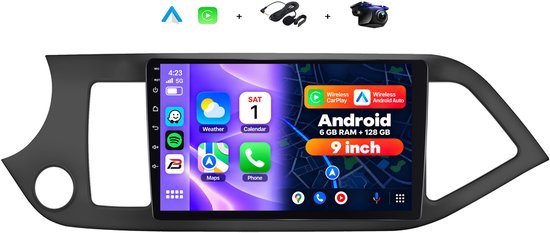 9-inch Android autoradio voor Kia Picanto met touchscreen, draadloze CarPlay, Android Auto, microfoon en achteruitrijcamera.