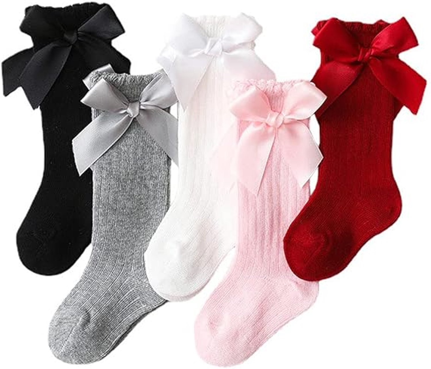 5 Stuks Kniehoge Babysokken Maat M, Zachte Katoenen Lange Kindersokken met strik, Antislip zool, Rekbare boord, Goed blijvend zittend, Geschikt voor baby’s 1-3 jaar, Voetlengte 14-17 cm