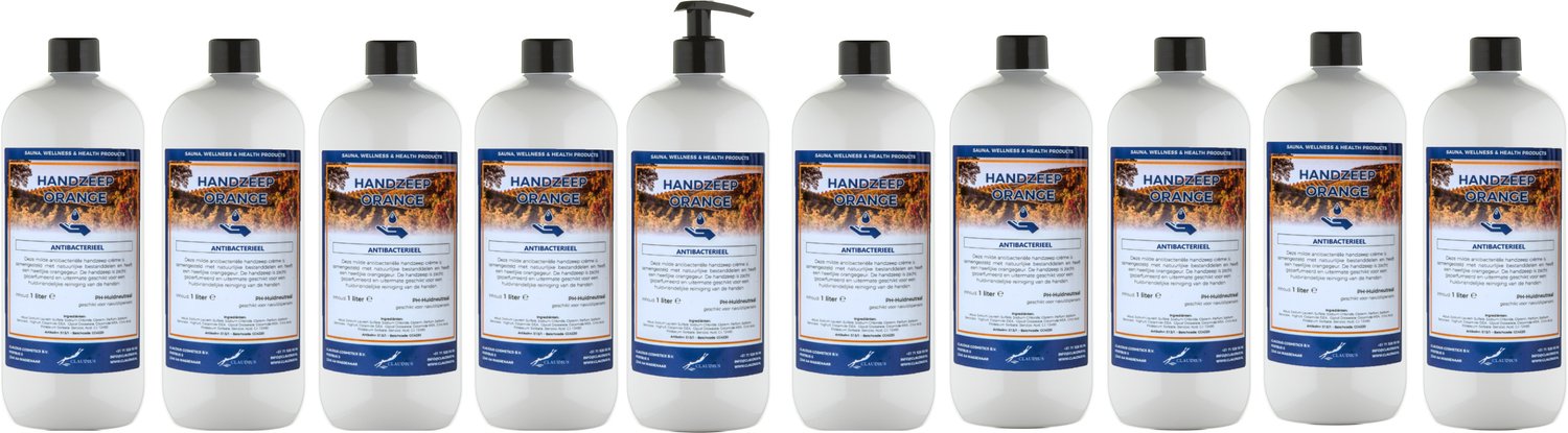 Claudius Handzeep Orange 1 liter - set van 10 stuks - met gratis zwarte pomp - voordeelverpakking - navulling
