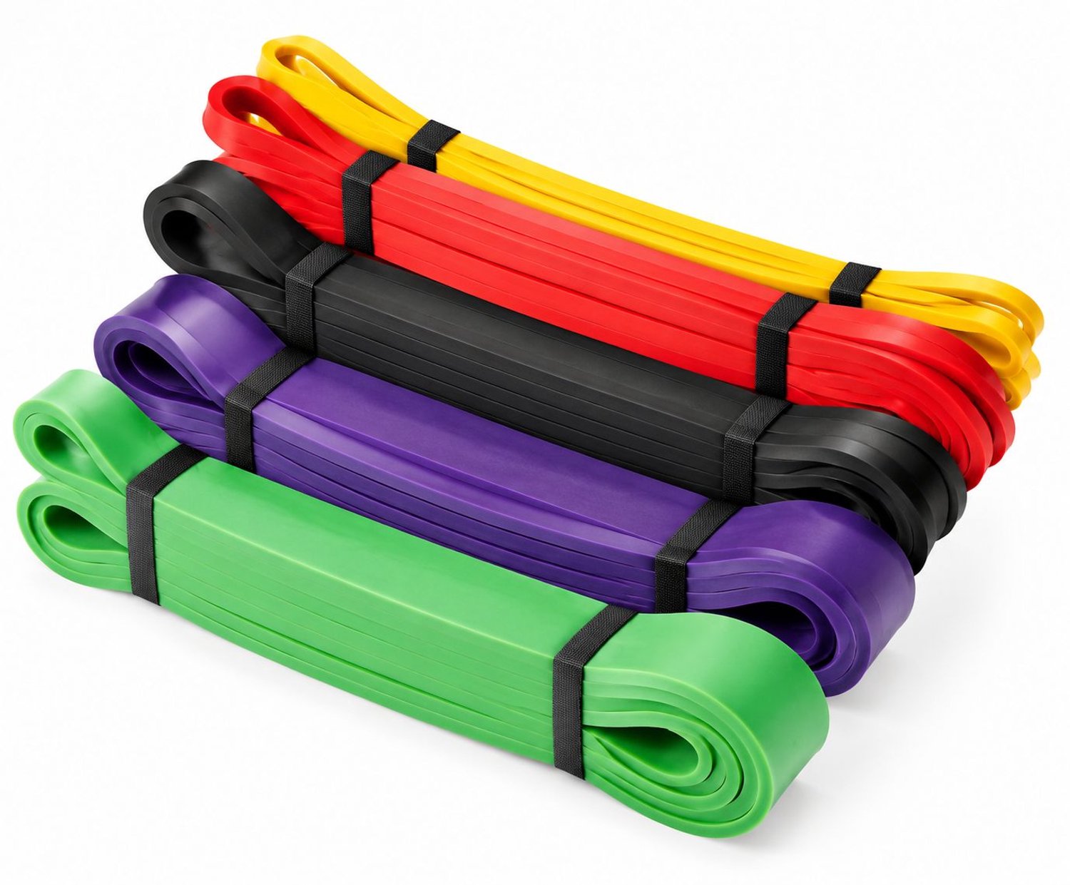 Set van 5 weerstandsbanden (loops) van natuurlijk latex, met 5 weerstandsniveaus (5-125 lbs); antislipbanden met textuur voor thuisgym, krachttraining, fysiotherapie, yoga en pilates (geel/rood/zwart/paars/groen)