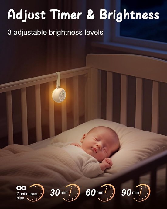White Noise Machine – 16 Rustgevende Geluiden – Met Stemopname – Nachtlampje – Timer – Geheugenfunctie – Oplaadbaar – Voor Baby's en Volwassenen — afbeelding 3