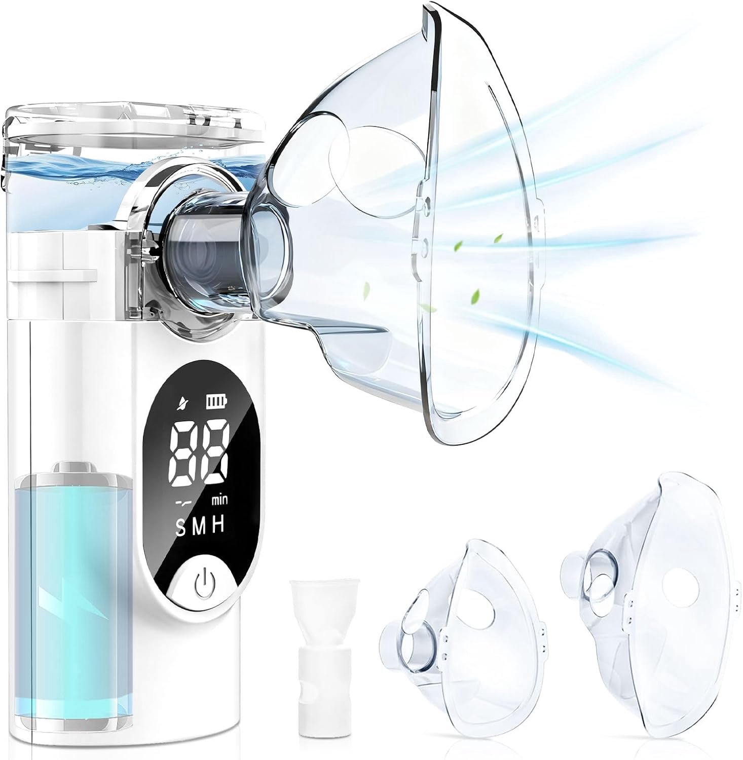 Inhalator voor volwassenen en kinderen, 1200mAh, met LED-display, 2 gezichtsmaskers, 1 mondstuk, 3 instelbare nevelmodi