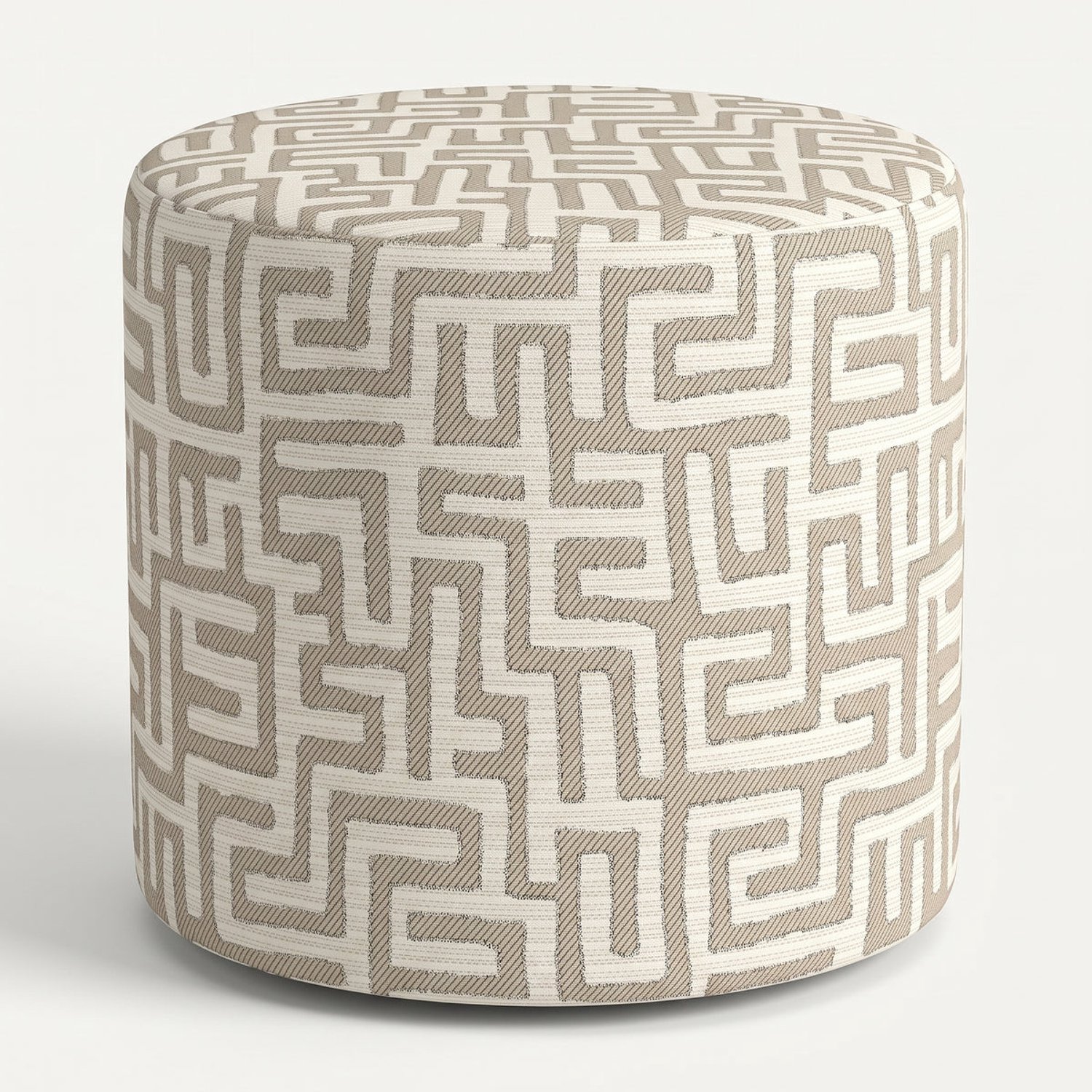 Mörgenn Poef Maze Lin Beige - Ronde Poef en Voetenbank - Jacquard Labyrint - 80x80x30 cm