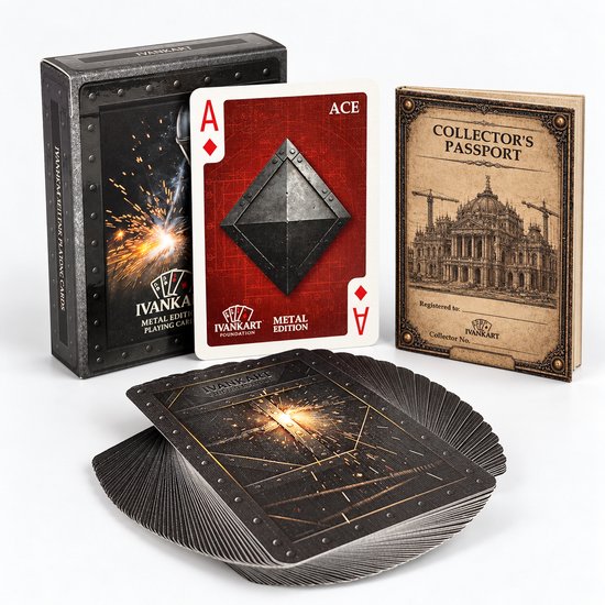 IVANKART Metal Edition speelkaarten met doos, speelkaart met metalen ruit, en een Collector's Passport boekje.