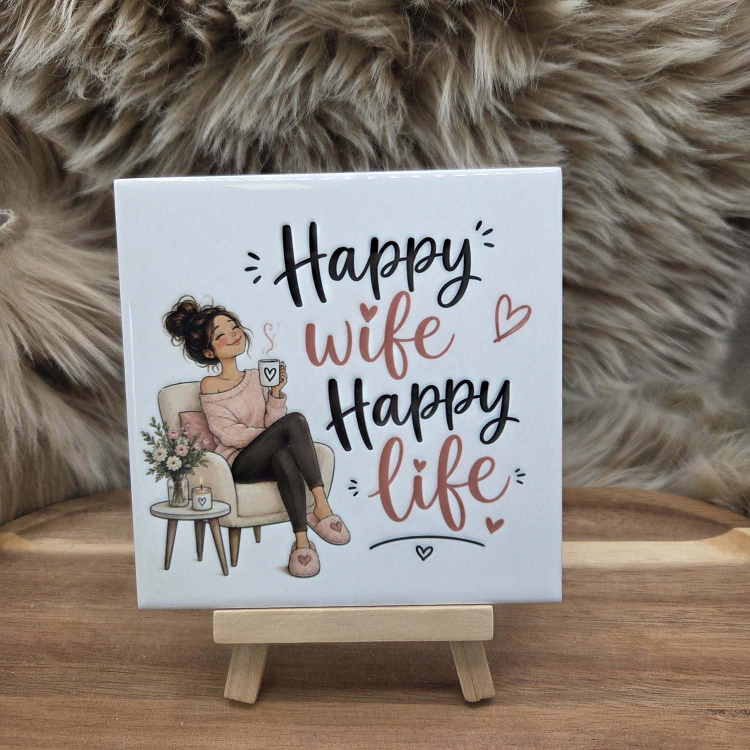 CreaCraft Spreuktegel “Happy wife, Happy life” - Woondecoratie – Cadeau tegeltje – Trendy nu – Vriend(in), Collega, familie – Zomaar – Cadeau – Incl standaard – Wenstegeltje – Cadeau idee