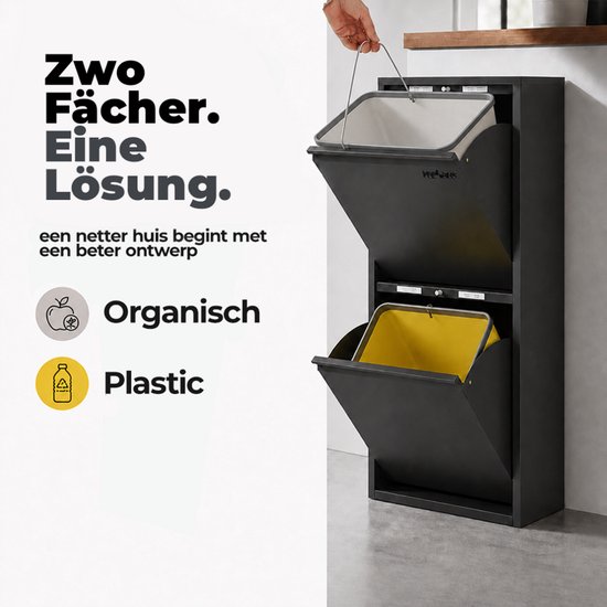 Zwarte afvalbak met twee vakken voor organisch afval en plastic, met een witte en een gele emmer.