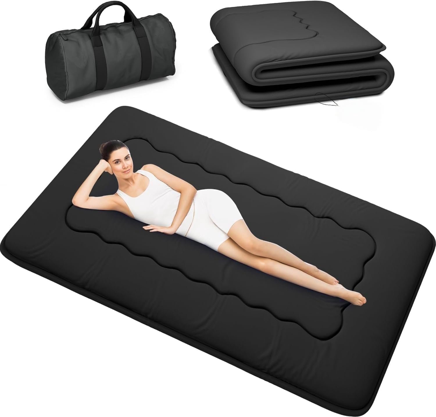 Futonmatras, vouwbare mat, draagtas met riem, dikke slaapmat, campingmat (zwart, 150x200 cm)