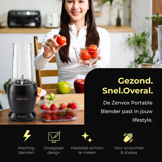 Vrouw in witte sportkleding bij zwarte Zenvox 1200W blender met tekst: Gezond, snel, overal.