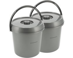 Emmers met Deksel 2 Stuks – 14 Liter per Emmer – Plastic Emmer met Deksel en Draagbeugel – Schoonmaakemmer, Bouwemmer, Voeremmer en Opslag – Grijs