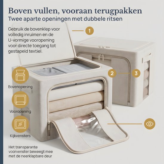 Beige opbergbox met bovenopening en U-vormige vooropening met ritssluiting voor gemakkelijke toegang tot kleding.