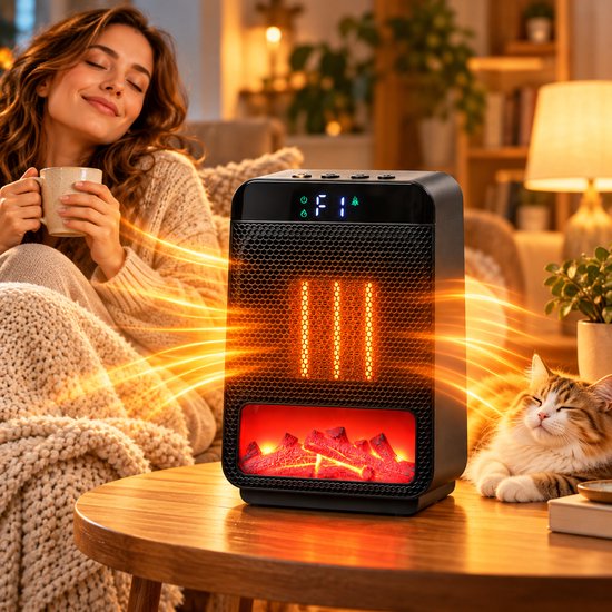 Vrouw met koffiemok zit naast een zwarte keramische kachel met sfeervolle vlamverlichting op een tafel.