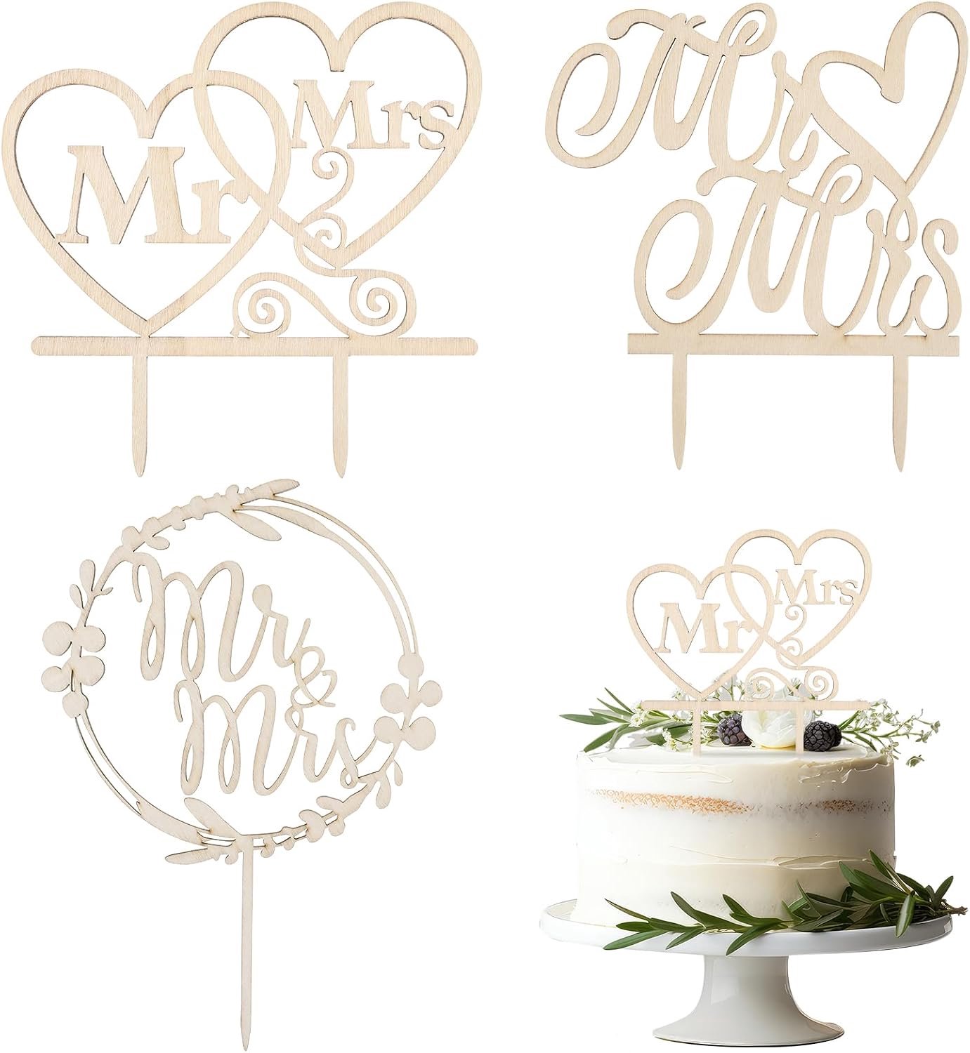 3 Cake Toppers Bruid en Bruidegom, Hout
