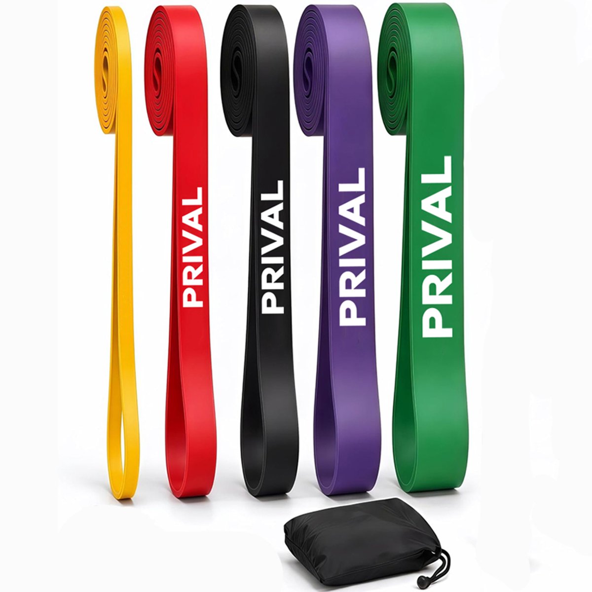Prival Weerstandsbanden Set – 5 Sterktes – Resistance Bands Fitness – Elastieken voor Benen, Billen & Armen – Inclusief Opbergzak