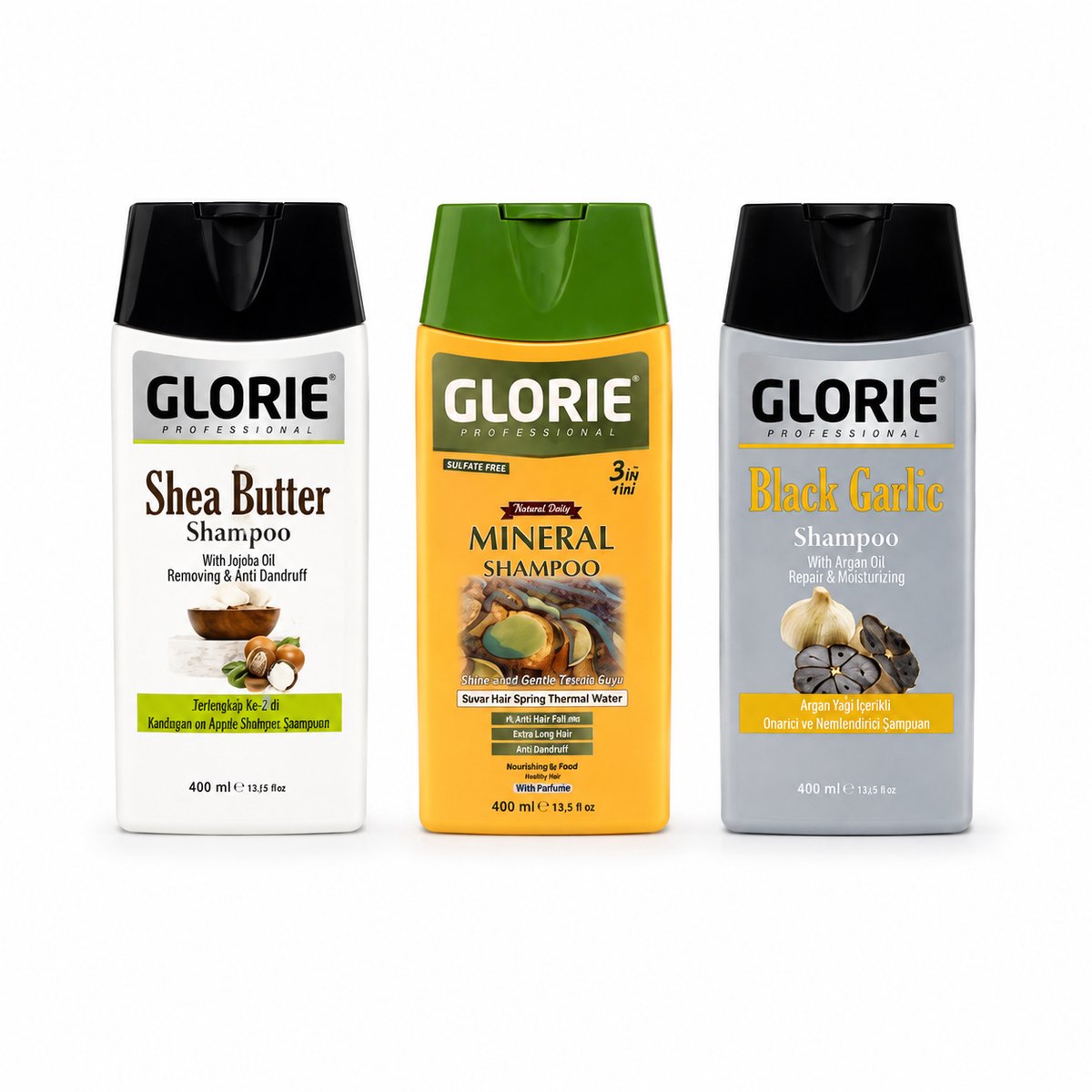 Glorie Shampoo Set 3-Delig – Shea Butter, Mineral 3-in-1 en Black Garlic Shampoo – Met Arganolie – 3 x 400 ml