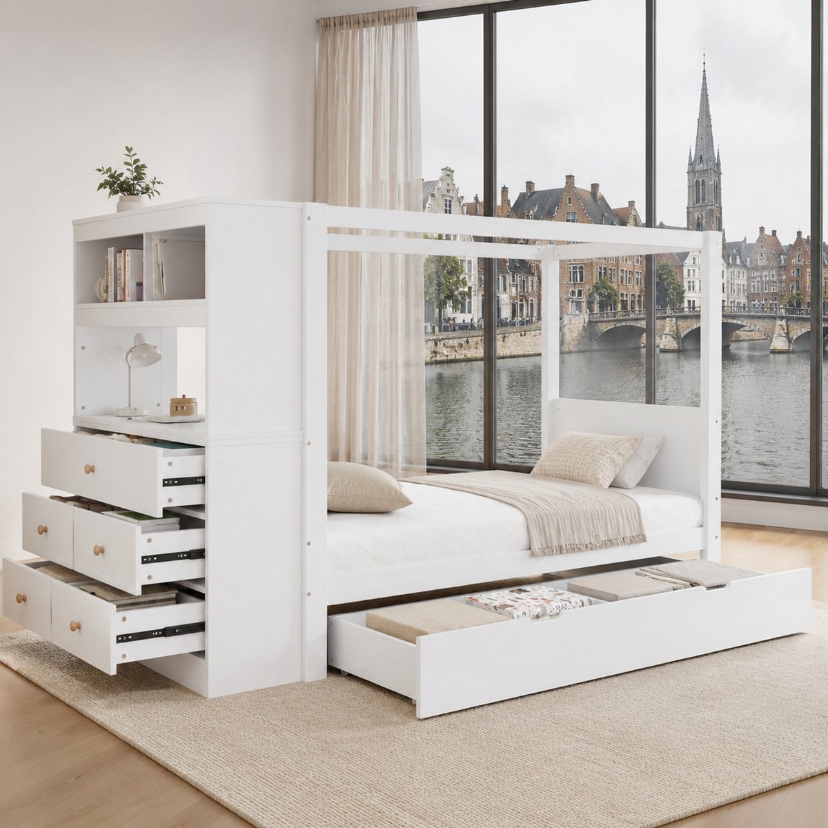 WUVRIE Hemelbed 90x200 cm met 5 lades en uitvalbeveiliging, kinderbed met opbergruimte, wit