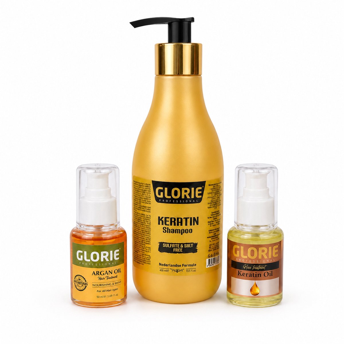 Glorie Keratin Shampoo 400 ml + Argan Oil & Keratin Oil 50 ml – 3-Delige Haarverzorgingsset – Sulfaat- & Zoutvrij