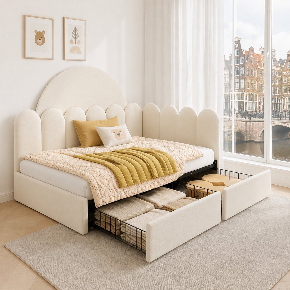 WUVRIE Bedbank 90x190 cm met 2 lades, lattenbodem en zachte bekleding in beige