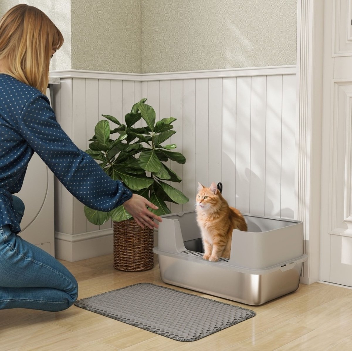 MODFU - Kattentoilet - Open - Hoge Rand - Roestvrij Staal - Grijs - 60,2 X 40,2 X 29,5 Cm