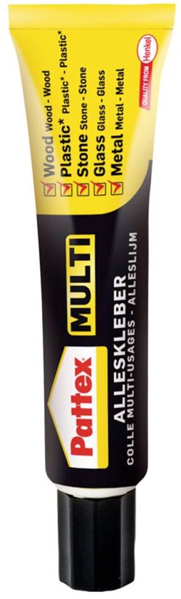 Pattex Multi Alleslijm tube, zwart-gele verpakking. Voor hout, steen, plastic, glas, metaal. Met rode 'Pattex' logo.