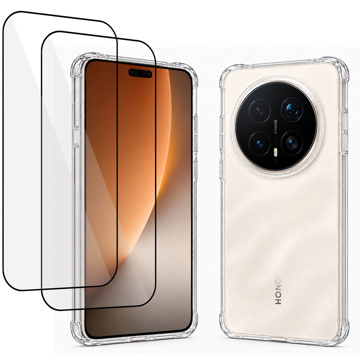 Hoesje + 2x screenprotector geschikt voor Honor Magic 8 Pro - Luchtkussens - Siliconen Hoes - Gehard Glas - Transparant - geschikt voor Honor Magic 8 Pro