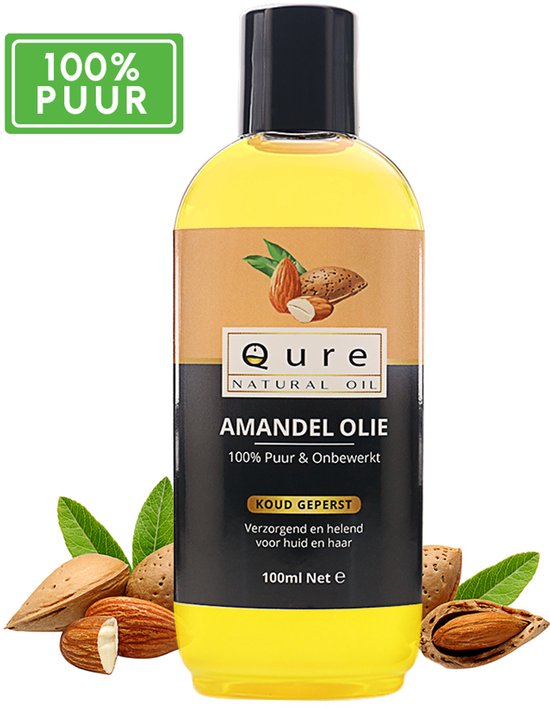 Fles met Qure Amandelolie, 100% Puur & Onbewerkt, Koudgeperst, 100ml. Groen label met "100% Puur".