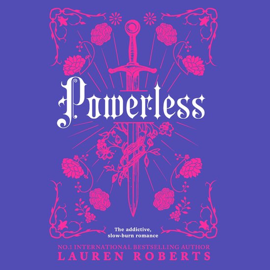 Couverture de livre avec le titre 'Powerless' en lettres fantaisistes, ornée d'une épée, de fleurs et de vrilles sur fond violet.
